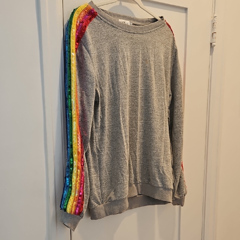 Lola + The Boys Gray Sweater with Colorful Sequin Stripes